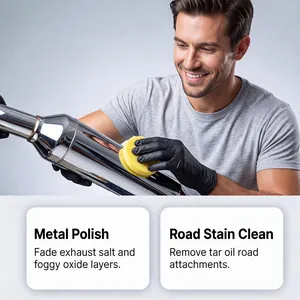 Detail view of metal polish paste cleaning car exhaust pipe for a bright shining finish.