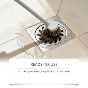 Close-up of drain cleaning tablet effect on clogged hair with clear English usage guide