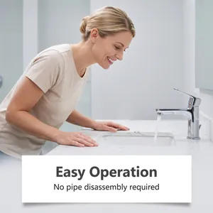 Woman smiling at a clean flowing bathroom sink after using Jakehoe drain cleaner