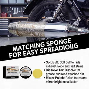 Close-up of metal polishing paste effect on a rusty motorcycle exhaust pipe