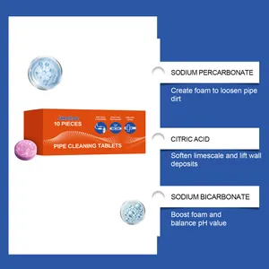 Detailed view of effective pipe cleaning tablets showing ingredients like citric acid and foam