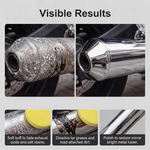 Before and after comparison of exhaust pipe metal polish for rust and oxide removal.