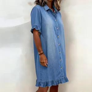 Casual light blue denim shirt dress with ruffle edges on sleeves and hem for women