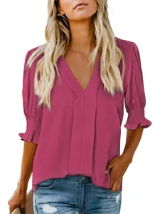 Elegant magenta V-neck blouse with pleated ruffled sleeves and a comfortable loose fit.