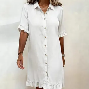 Casual white button-down shirt dress featuring stylish ruffle sleeves and wood ear trim hem