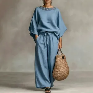 Damen Sommer Casual Locker Polyester Spitze Rundhals Oberteil und Unterteil Weite Hose Böhmische Urlaub Loungewear Co-ords