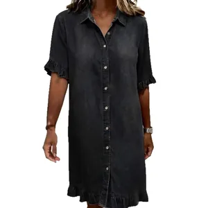 Casual dark grey washed denim shirt dress with ruffle sleeves and hemline