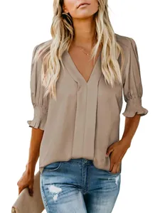 Elegant khaki V-neck blouse detail featuring smocked cuffs and lightweight loose summer fit