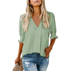 Women's elegant V-neck short sleeve loose fit mint green fashion summer blouse top