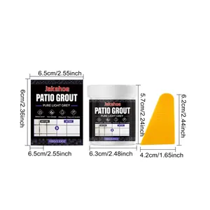 Dimensions of Jakehoe light grey patio grout container, packaging box and scraper tool