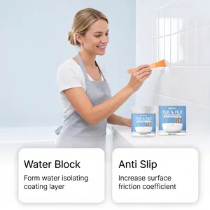 Woman applying white Jakehoe tile refinishing paint to bathroom wall with a brush