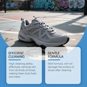 Close-up of a clean gray sneaker in a street setting with product benefit text