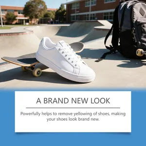 Clean white sneaker on skateboard showing shoe cleaning cream restoration results