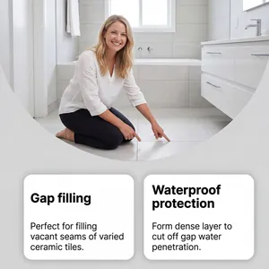 Woman pointing to waterproof light grey tile grout filling in a modern bathroom detail.