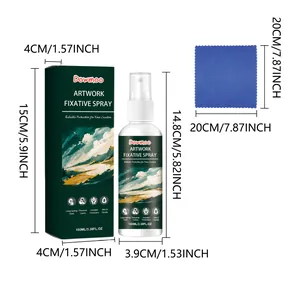 Dimensions detail of Dowmoo artwork fixative spray set with 100ml bottle and cloth