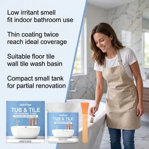 Jakehoe white tub and tile refinishing paint being applied to a bathtub in a bathroom.