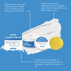 Detailed view of white Jakehoe shoe cleaning cream with a yellow sponge for shoe care