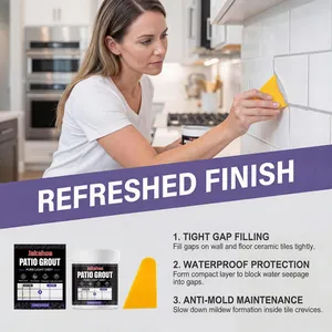 Detail of professional light grey patio grout kit with yellow scraper for tile gap filling