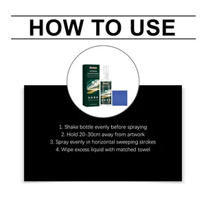 Step-by-step user guide for Dowmoo artwork fixative spray with microfiber cloth
