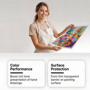 Detail showing art fixative spray benefits for color performance and surface protection.