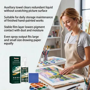 Professional artwork fixative spray shown in a creative studio painting setting.