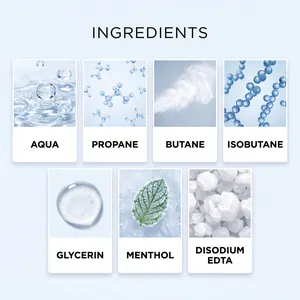 Detail view showing cooling spray ingredients like aqua, propane, menthol, and glycerin