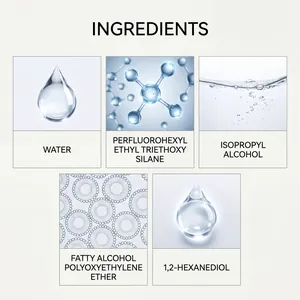 Detailed breakdown of ingredients for fabric care spray with scientific icons.