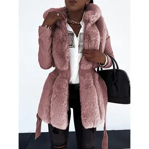 Detail of a pink hooded faux fur jacket with a matching belt and zipper closure.