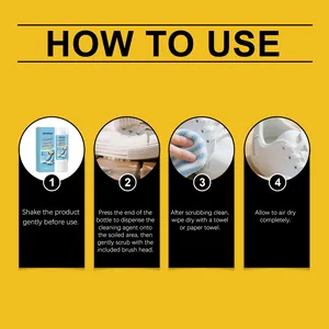 Four-step usage guide for JAKEHOE shoe cleaning foam and brush set instructions