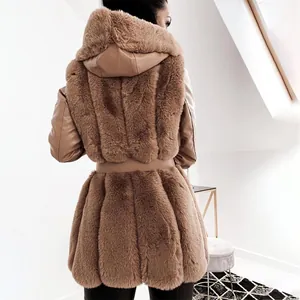 Back view of women's hooded faux fur jacket showing waist belt and soft texture