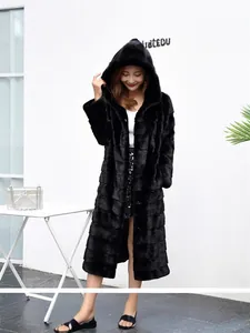 Women Luxury Long Faux Fur Coat Hooded Black Slimming Winter Warm Faux Mink Fur Overcoat Whole Skin Outerwear For Ladies