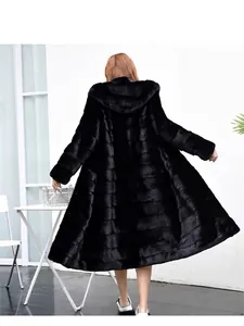 Elegant long black hooded faux fur coat with mink-like texture and slim fit for women