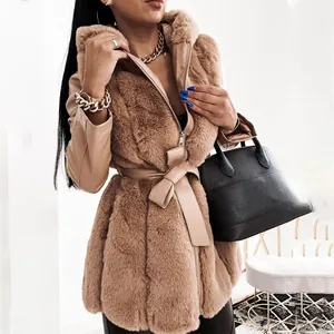 Stylish women's faux fur hooded jacket with a waist belt and zipper detail in tan.