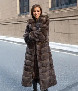 Full body view of a luxurious brown hooded long faux mink fur coat for women