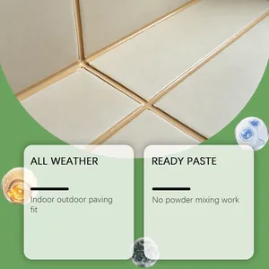 Waterproof tile grout paste applied to beige floor tile gaps for indoor and outdoor use