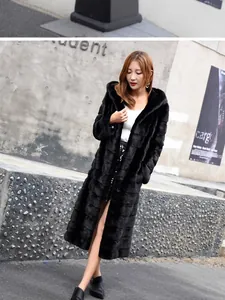 Elegant long black hooded faux mink fur coat for women with a slimming professional fit.