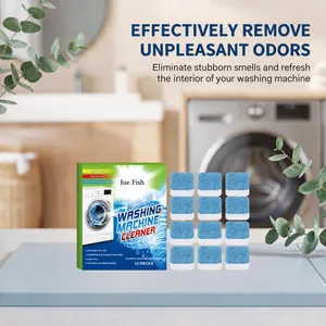 Detail view of 12 washing machine cleaner tablets with packaging and laundry room background