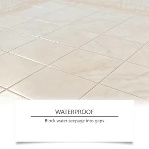 Close-up of waterproof tile grout sealer on clean floor tiles, blocking water seepage
