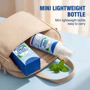 Detailed view of portable mint cooling spray bottle and packaging inside a beige bag.