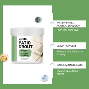 Vyreth patio grout detail showing acrylic emulsion and silica powder ingredients