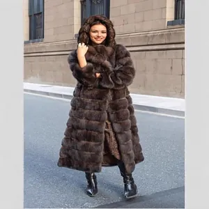 Women's Luxury Long Faux Fur Hooded Coat Russian Sable Style Winter Warm Faux Mink Fur Patchwork Outwear Top