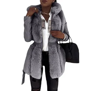 Elegant women's grey faux fur hooded coat featuring a belt and front zipper closure