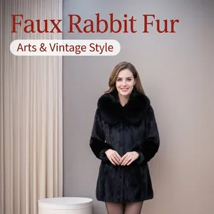 Manteau en Fausse Fourrure d'Hiver pour Femme à Capuche Mi-long Col en Fausse Fourrure de Renard Chaud Rétro Noir Top