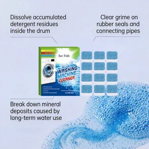 Detail showing 12-pack washing machine cleaner tablets and key cleaning benefits
