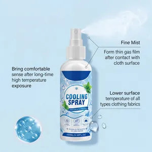 Professional infographic of 100ml cooling spray showing fine mist and fabric surface cooling effect