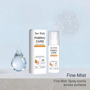 Close-up of Jue Fish fabric care spray showing fine mist application for textiles