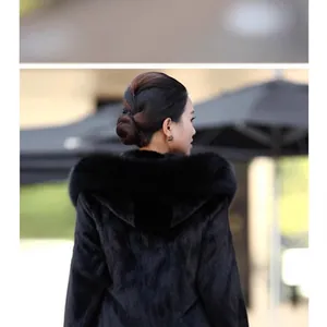Élégant manteau en fausse fourrure noire à capuche pour femme avec col épais d'hiver chic