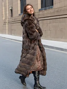Elegant long hooded faux fur coat in sable brown for women winter warmth style