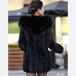Manteau élégant en fausse fourrure noire mi-long pour femme avec capuche et doublure chaude