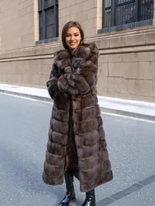 Elegant long hooded faux sable fur coat in dark brown for ultimate winter warmth and style